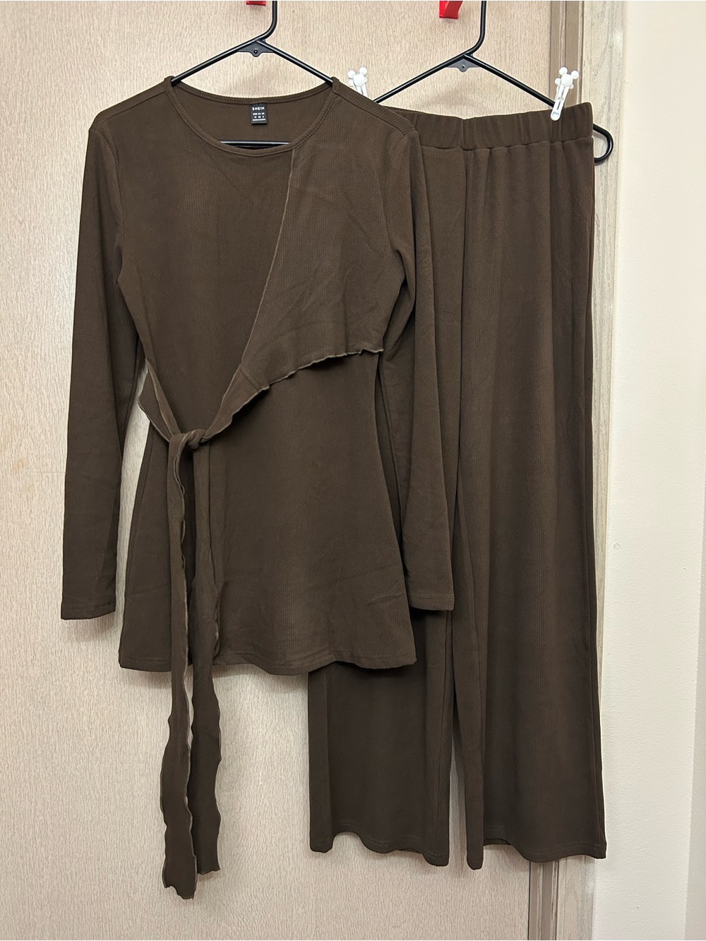 SHEIN Brown Tie Blouse and Pants Matching Set - Size M - NWOT